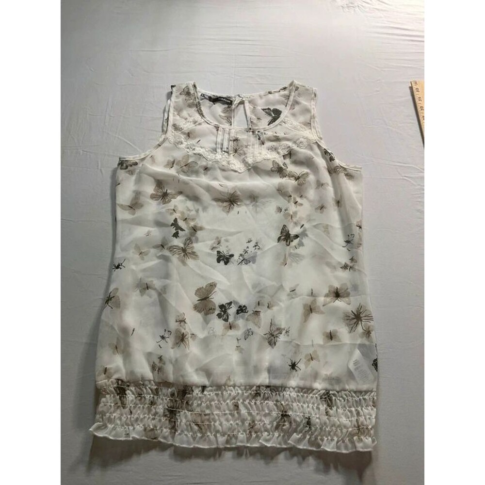 Maurices Butterfly Print Lace Trim Sleeveless Tank Top White S
